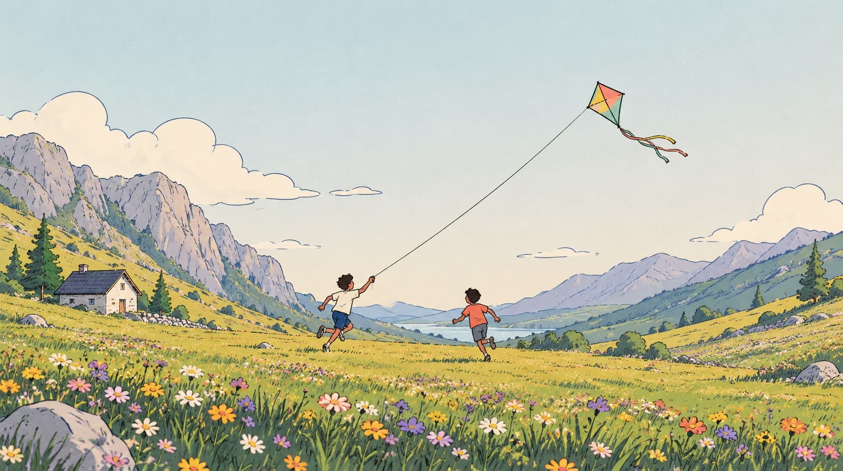 Two kids flying a kite in a mountain meadow
